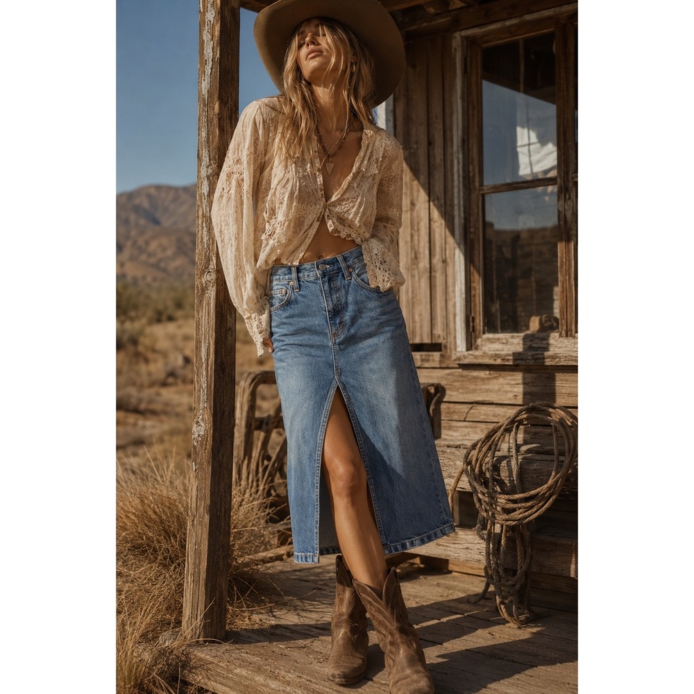 Denim Forum The 90s Halle Skirt Blue Medium Wash Front Slit Midi Denim Skirt 26